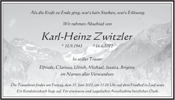 Traueranzeige von Karl-Heinz Zwitzler von Pegnitz-Zeitung